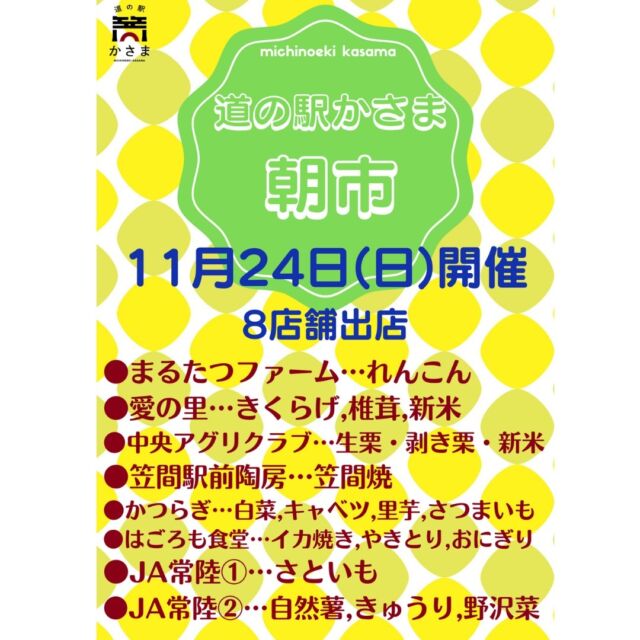 【11/24（日) 朝市を開催します🎉】

新鮮なお野菜はもちろん、イカ焼き・やきとりなどの軽食や熟成栗に新米、笠間焼まで取り揃えてお待ちしております✨

ぜひお立ち寄りください🥰

◆ 朝市 ◆
日時：︎11/24(日) 9:00～16:00
※雨天決行
※商品が無くなり次第終了となる場合がございます
場所：道の駅かさま 多目的広場

出店者・販売品目（予定）：8店舗

●まるたつファーム
『柔らかく新鮮な採れたてれんこん』
料理のメニューも広がります。

●愛の里
『乾燥きくらげ・スライス椎茸・生椎茸・新米』
どの商品も自信を持って販売しております。

●かつらぎ
『白菜・キャベツ・里芋・さつまいも』
一生懸命作ったお野菜たちです。美味しく召し上がってください！

●笠間駅前陶房
『笠間土を使って丁寧に手作りした笠間焼です』
笠間と言えば陶芸の産地、陶芸と言えば笠間焼！

●中央アグリクラブ
『熟成生栗・熟成剥き栗・新米（玄米）』
甘みが増した熟成栗です。剥き栗はその場で剥いてお渡しします。

●はごろも食堂
『炭火イカ焼き・炭火やきとり・塩おにぎり・すいとん』
創業36年続く自家製のタレを使った炭火やきとり。茨城県産の新米を使ったおにぎりも。

●JA常陸①
『さといも』
みそ汁に、煮物に、冬の食卓にぴったりです。

●JA常陸②
『自然薯・きゅうり・野沢菜』
自然薯で免疫力アップ！漬物とご一緒に。

#道の駅かさま #道の駅 #茨城県 #茨城 #いばらき #笠間市 #笠間 #イベント #朝市 #れんこん #きくらげ #椎茸 #新米 #熟成栗 #笠間焼 #白菜 #キャベツ #里芋 #さといも #さつまいも #イカ焼き #やきとり #焼き鳥 #おにぎり #自然薯 #きゅうり #野沢菜